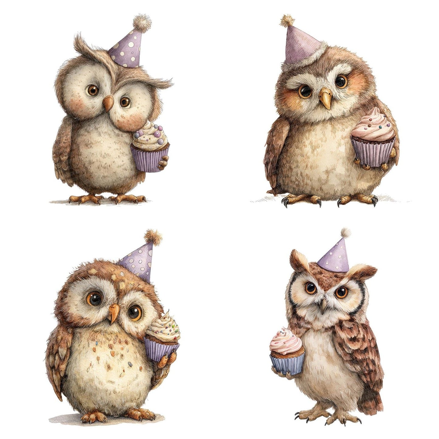 Watercolour Owl Cupcake Clipart Set (DDD007245)