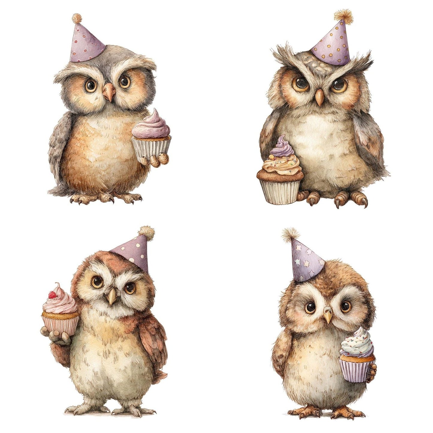 Watercolour Owl Cupcake Clipart Set (DDD007245)