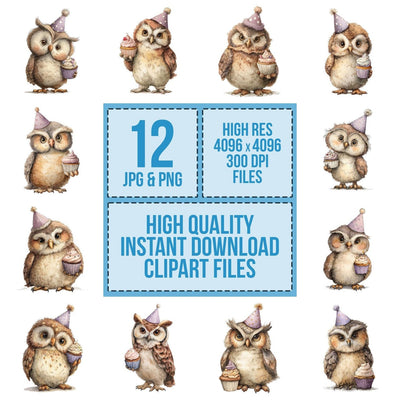 Watercolour Owl Cupcake Clipart Set (DDD007245)