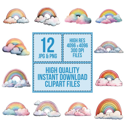 Watercolour Pastel Rainbow clipart set cover showing the designs and file details