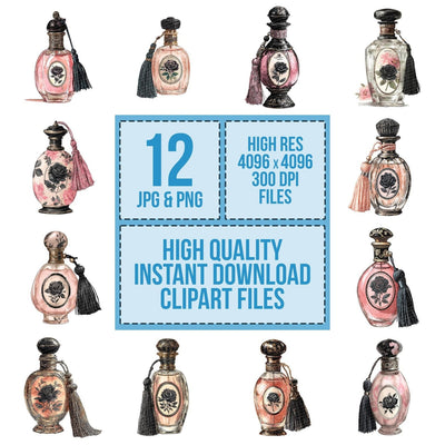 Watercolour Perfume Bottle clipart set cover showing the designs and file details