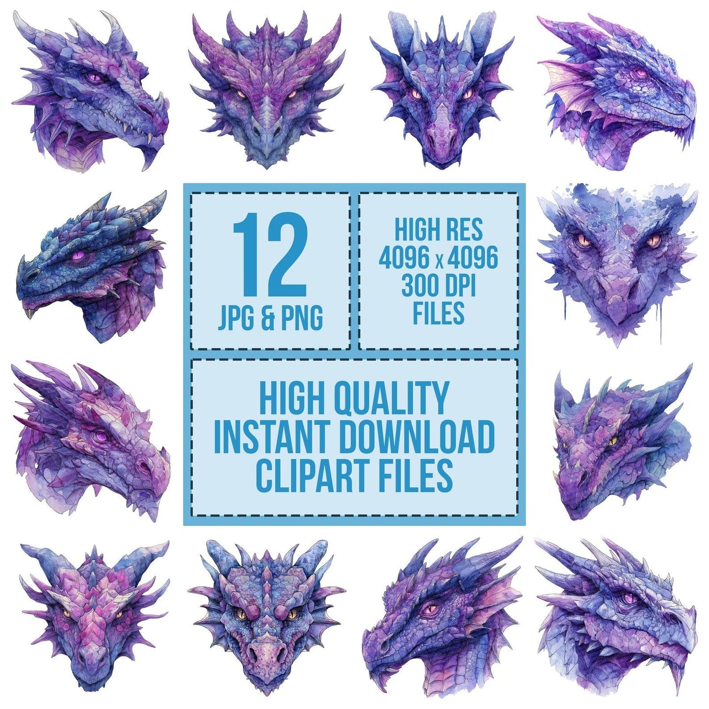 Watercolour Purple Dragon Head Clipart Set (DDD007288)