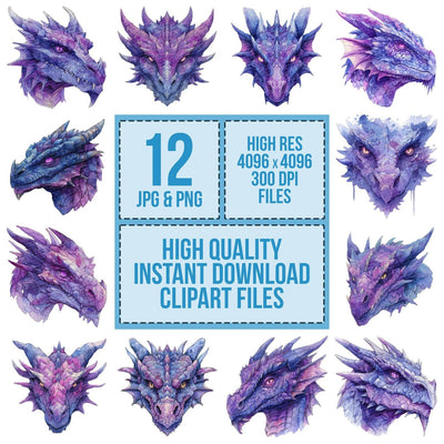 Watercolour Purple Dragon Head Clipart Set (DDD007288)