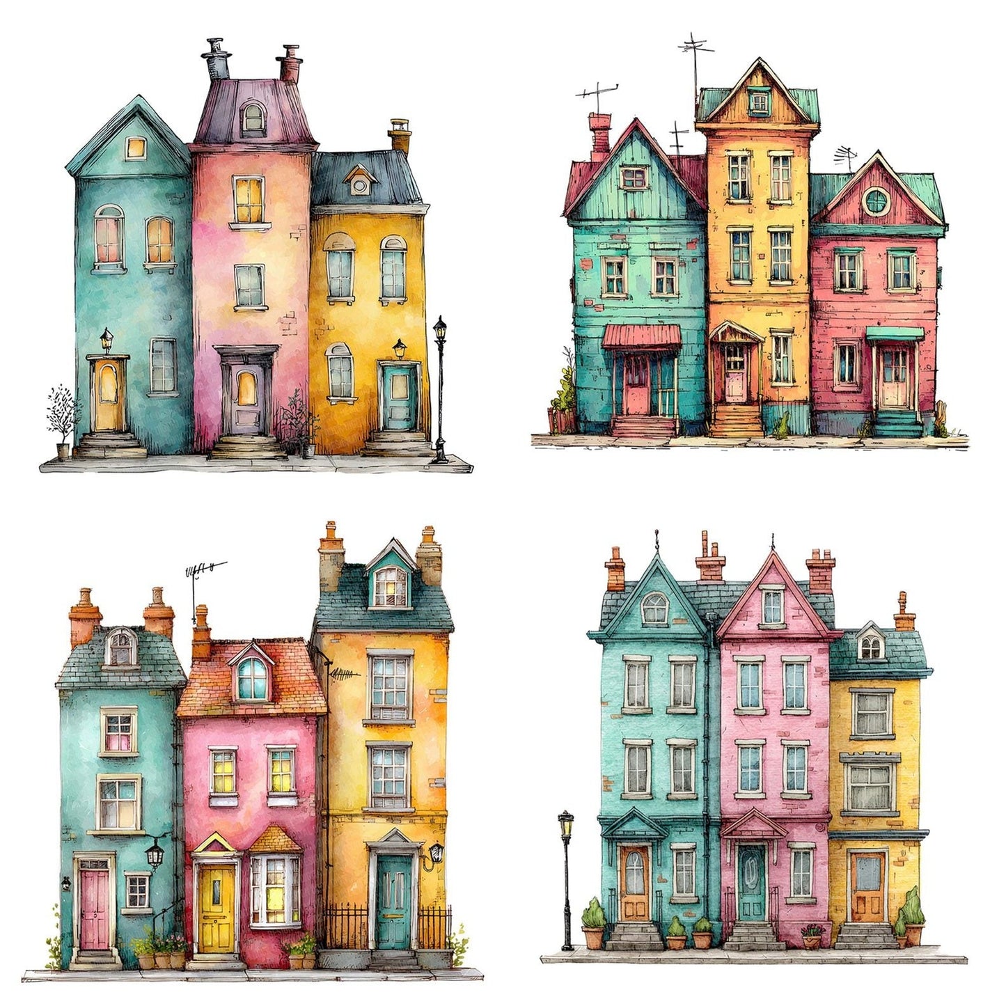 Watercolour Quirky Houses Row Clipart Set (DDD007290)