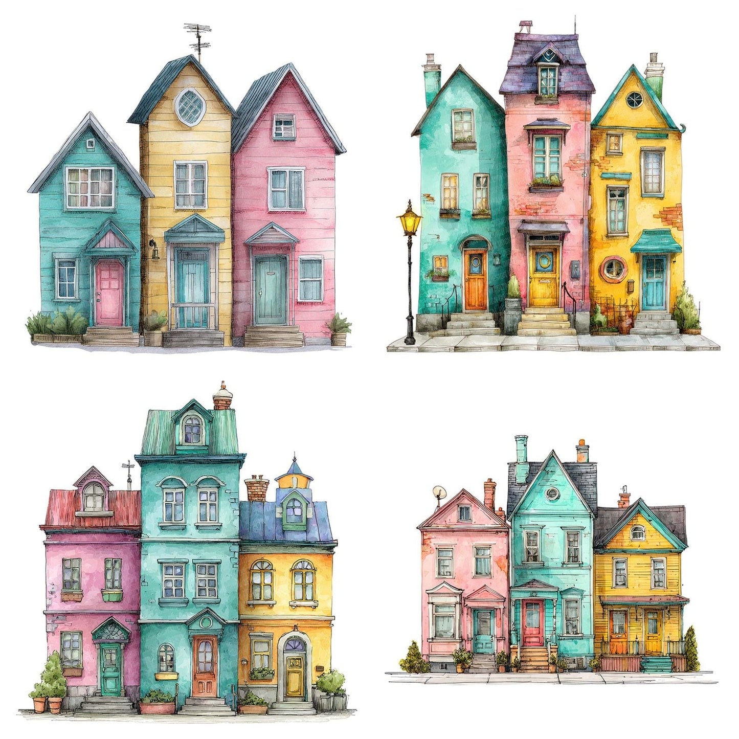 Watercolour Quirky Houses Row Clipart Set (DDD007290)