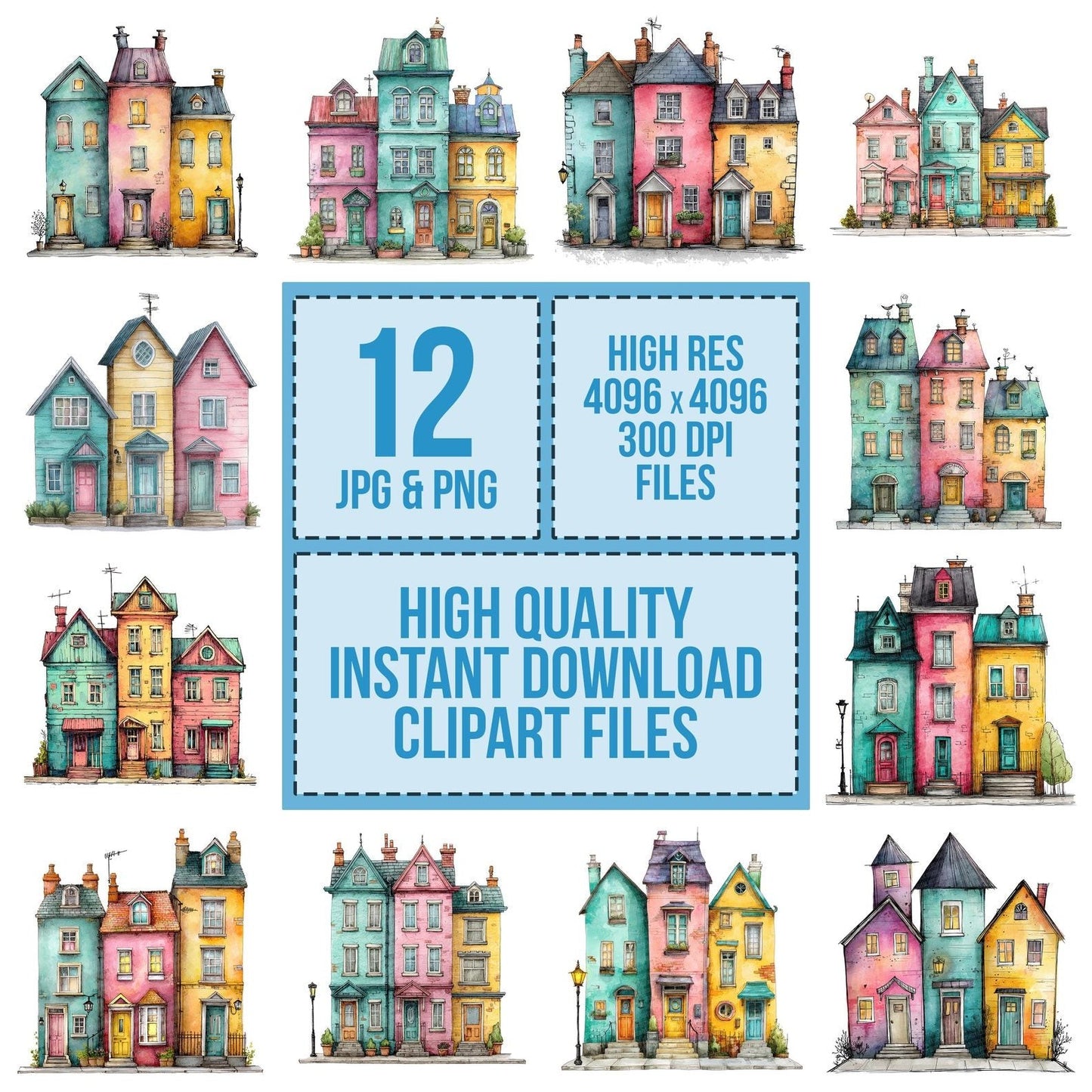Watercolour Quirky Houses Row Clipart Set (DDD007290)
