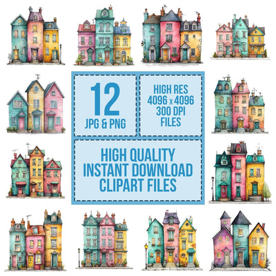 Watercolour Quirky Houses Row clipart set cover showing the designs and file details