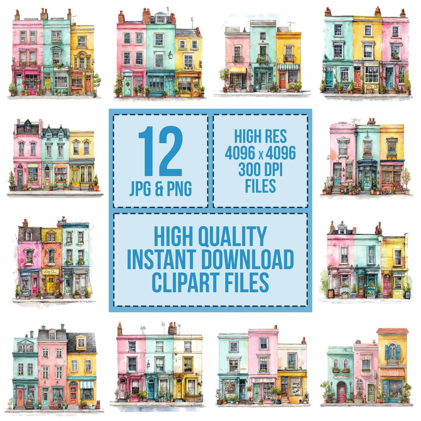 Watercolour Quirky Shopfronts Clipart Set (DDD007291)