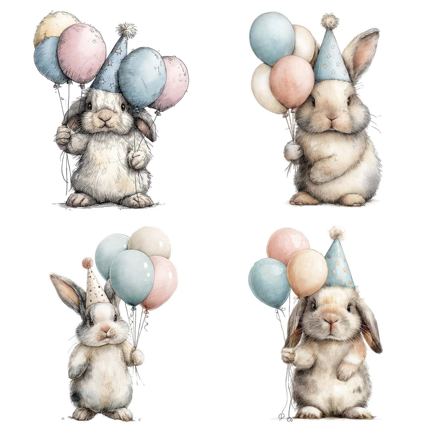 Watercolour Rabbit Balloons Clipart Set (DDD007292)
