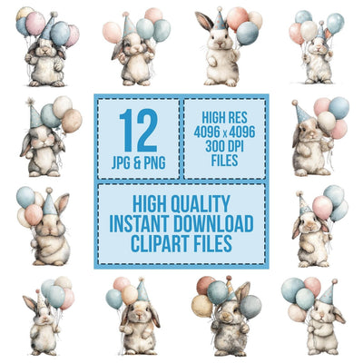 Watercolour Rabbit Balloons clipart set cover showing the designs and file details