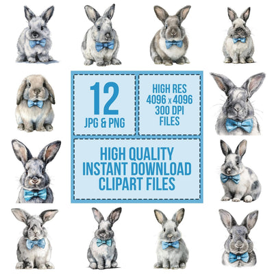 Watercolour Rabbit Bowtie clipart set cover showing the designs and file details