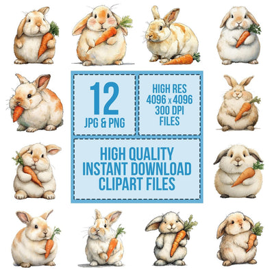 Watercolour Rabbit Carrot clipart set cover showing the designs and file details