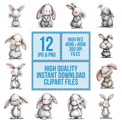 Watercolour Rabbit Daisy clipart set cover showing the designs and file details