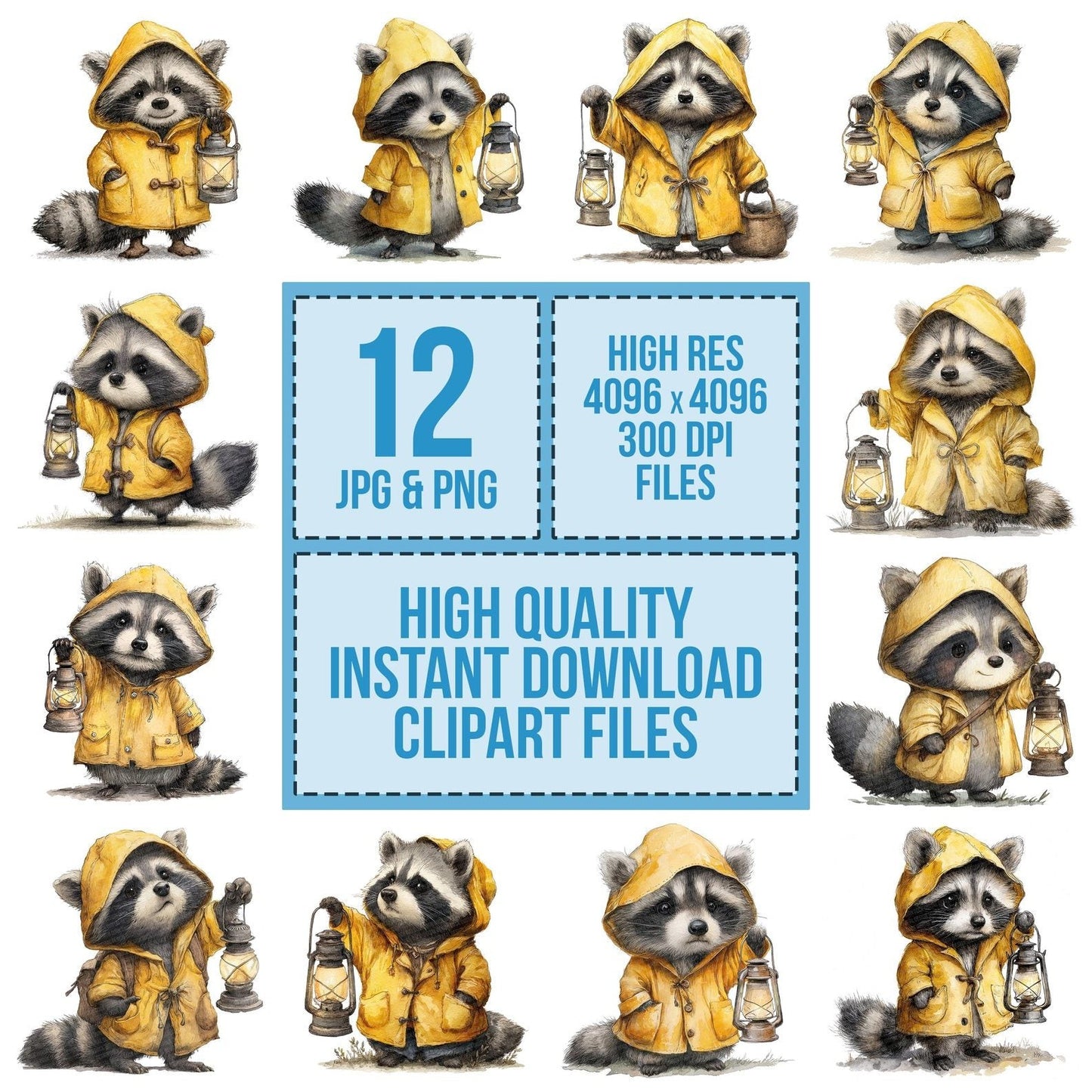 Watercolour Raccoon Lantern Clipart Set (DDD007296)