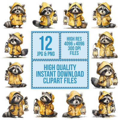 Watercolour Raccoon Lantern clipart set cover showing the designs and file details