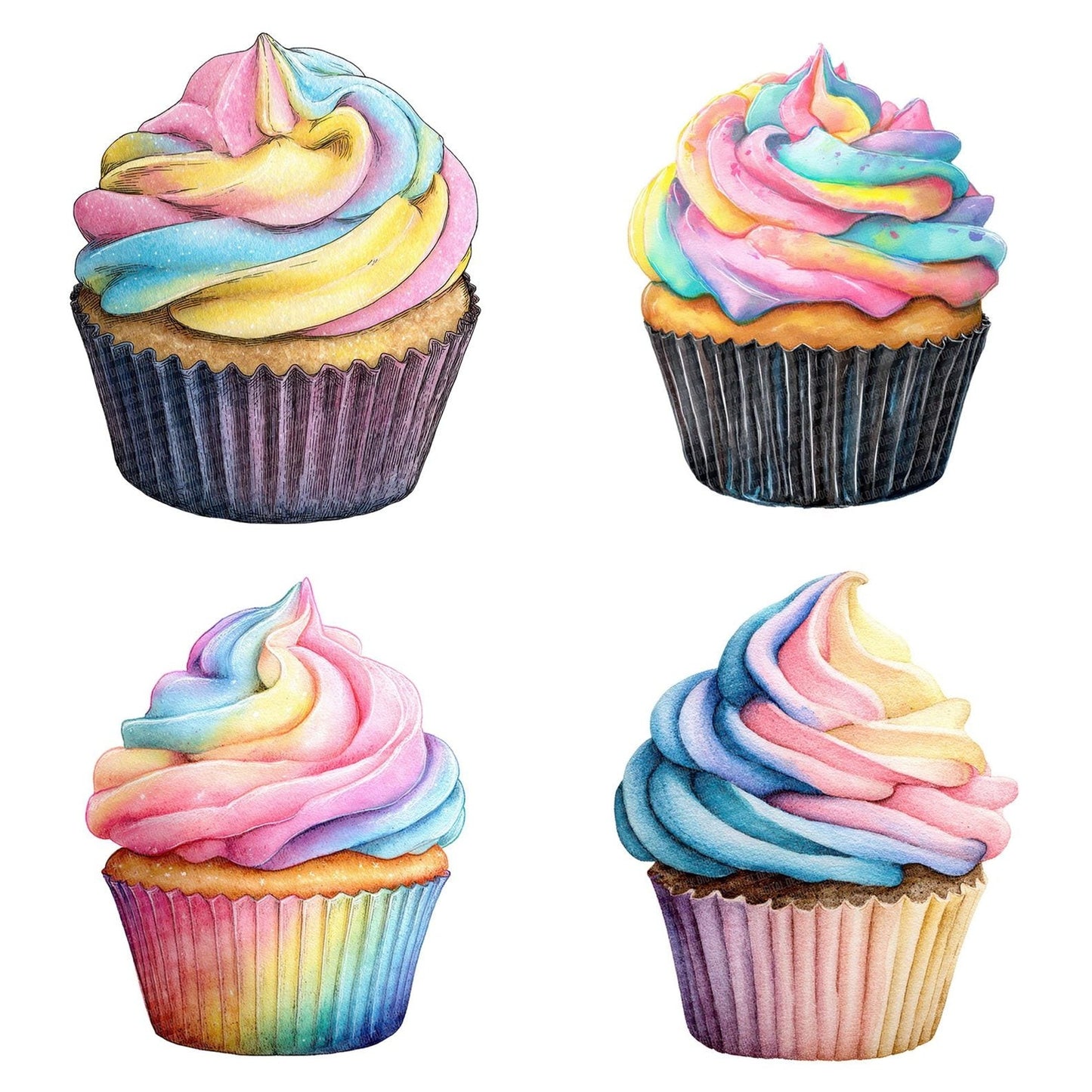 Watercolour Rainbow Cupcake Clipart Set (DDD007299)