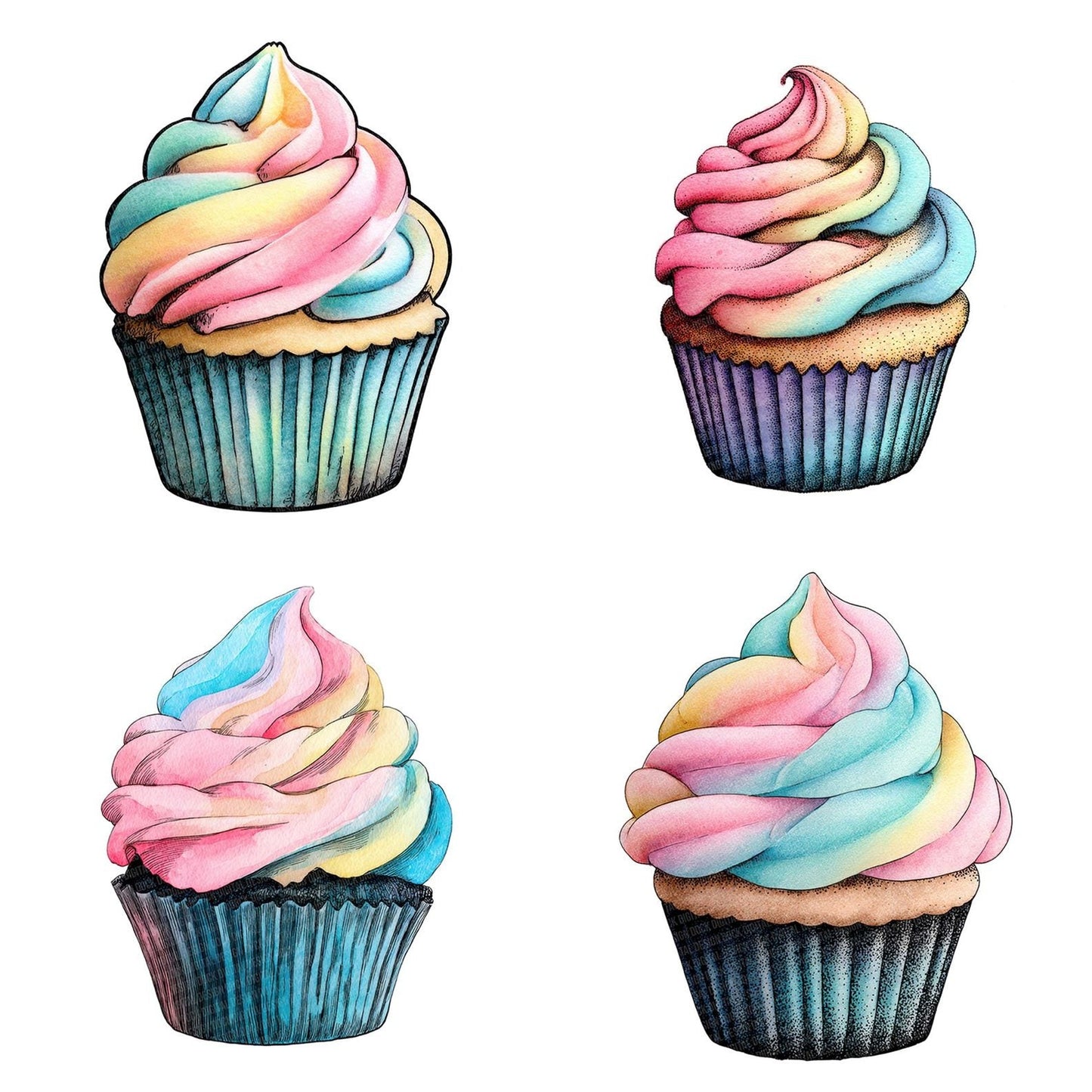 Watercolour Rainbow Cupcake Clipart Set (DDD007299)