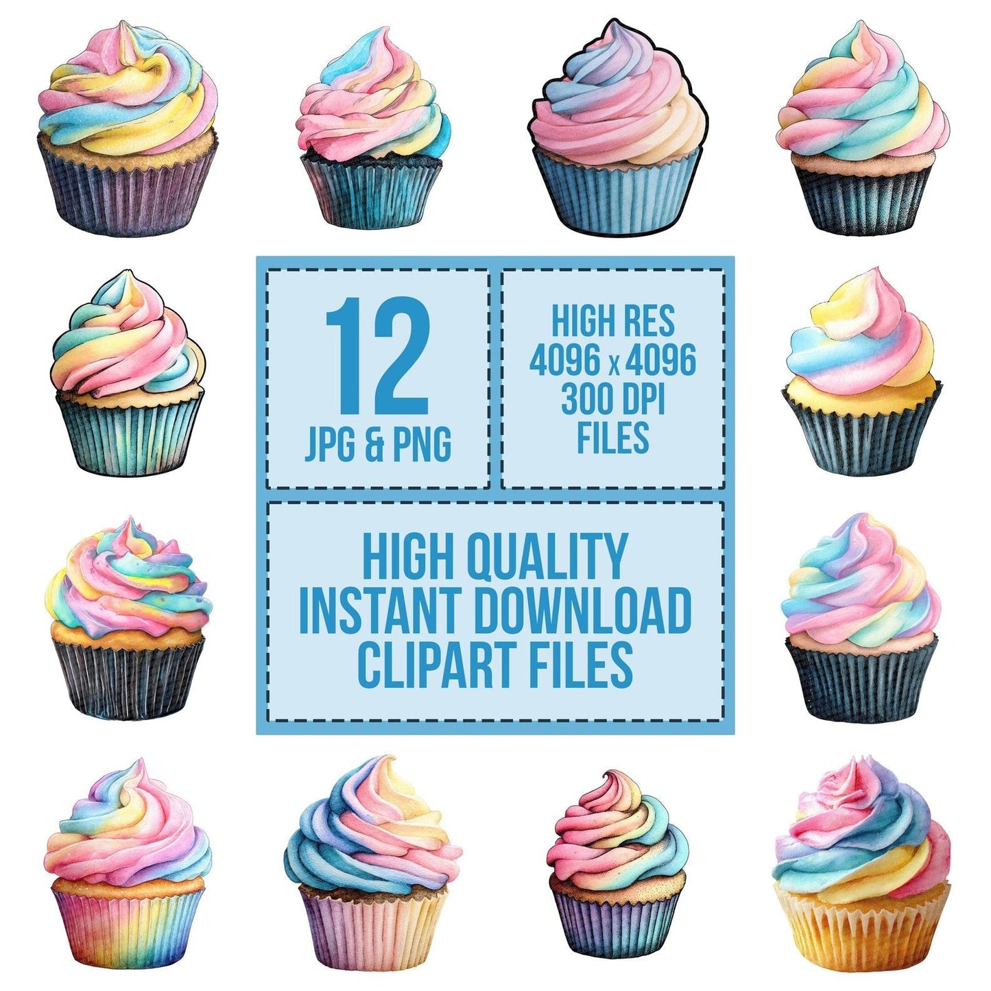 Watercolour Rainbow Cupcake Clipart Set (DDD007299)
