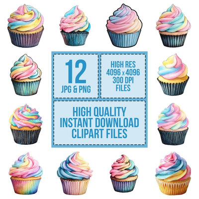 Watercolour Rainbow Cupcake clipart set cover showing the designs and file details