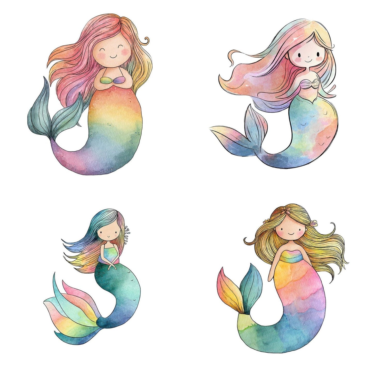 Watercolour Rainbow Mermaid Clipart Set (DDD007300)