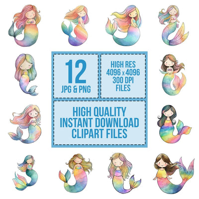 Watercolour Rainbow Mermaid clipart set cover showing the designs and file details