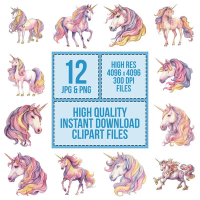 Watercolour Rainbow Unicorn clipart set cover showing the designs and file details