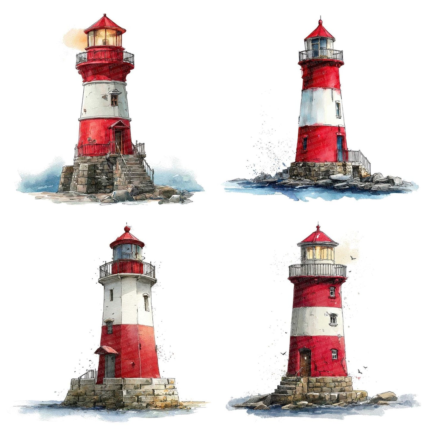Watercolour Red Lighthouse Clipart Set (DDD007307)