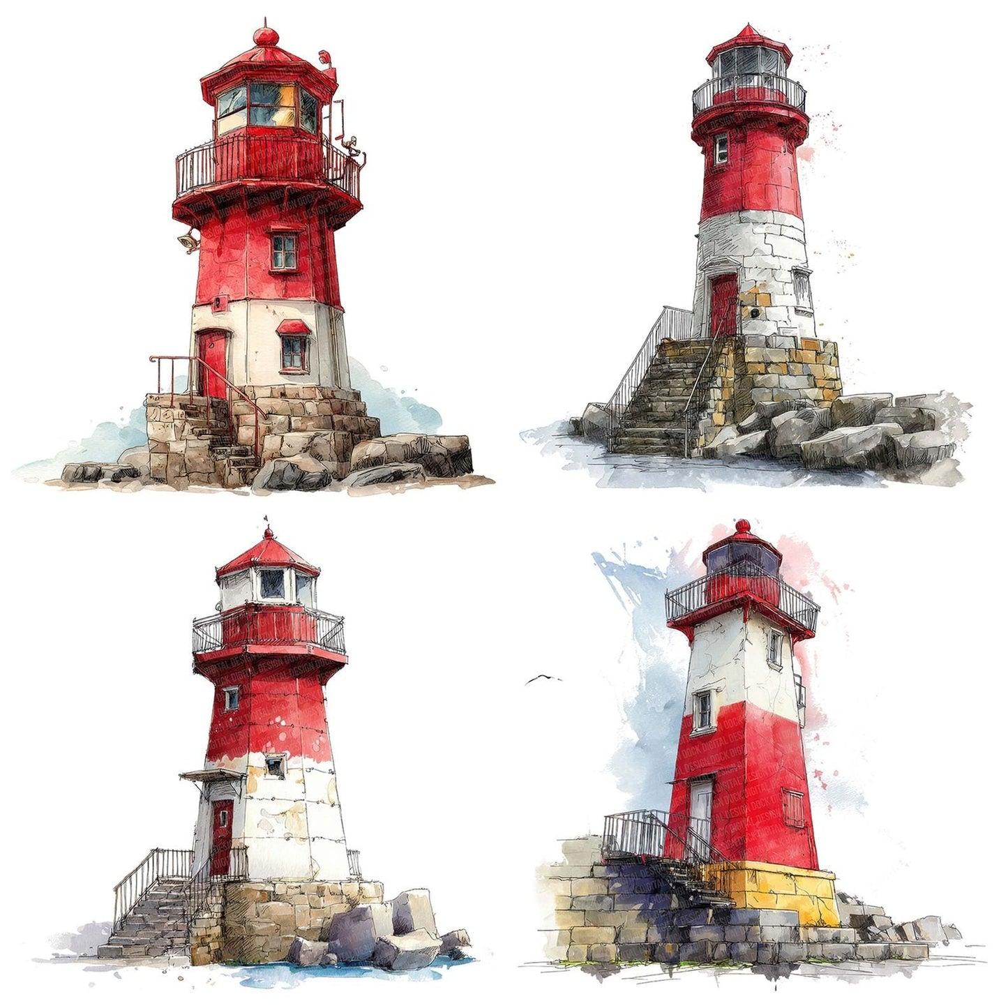 Watercolour Red Lighthouse Clipart Set (DDD007307)