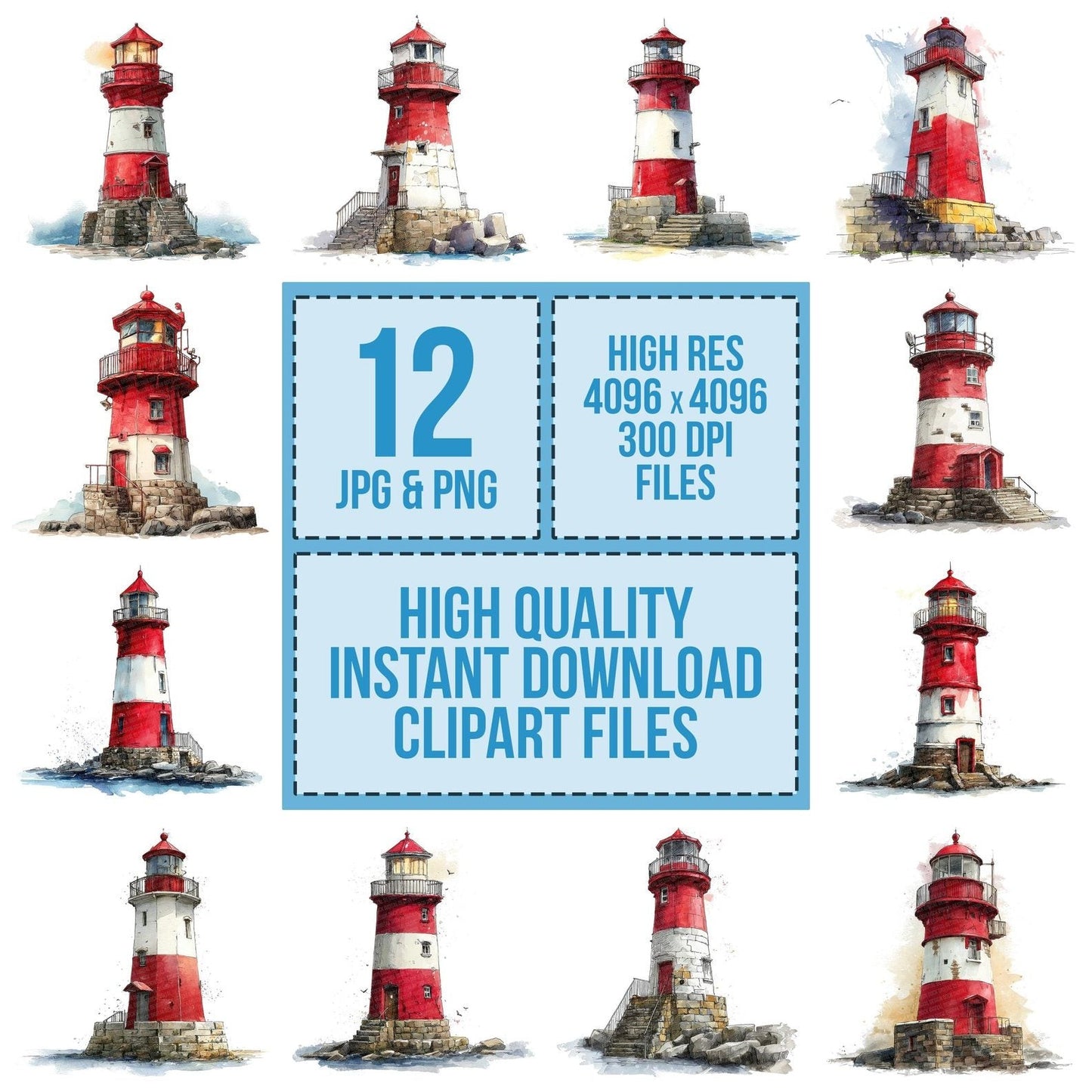Watercolour Red Lighthouse Clipart Set (DDD007307)