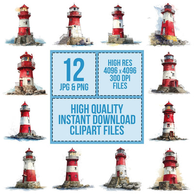 Watercolour Red Lighthouse clipart set cover showing the designs and file details