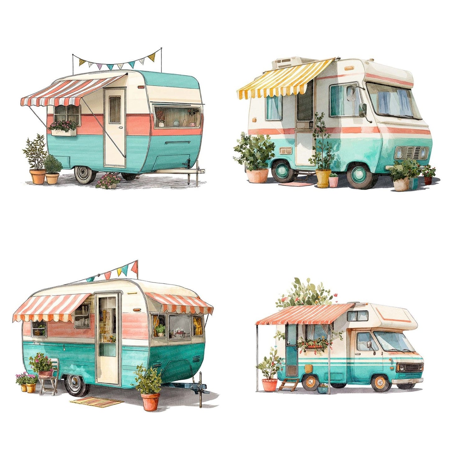 Watercolour Retro Camper Trailer Clipart Set (DDD007312)