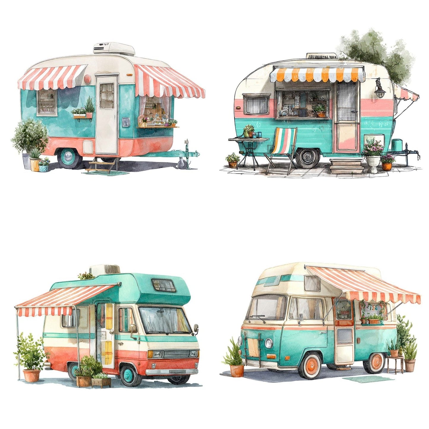 Watercolour Retro Camper Trailer Clipart Set (DDD007312)