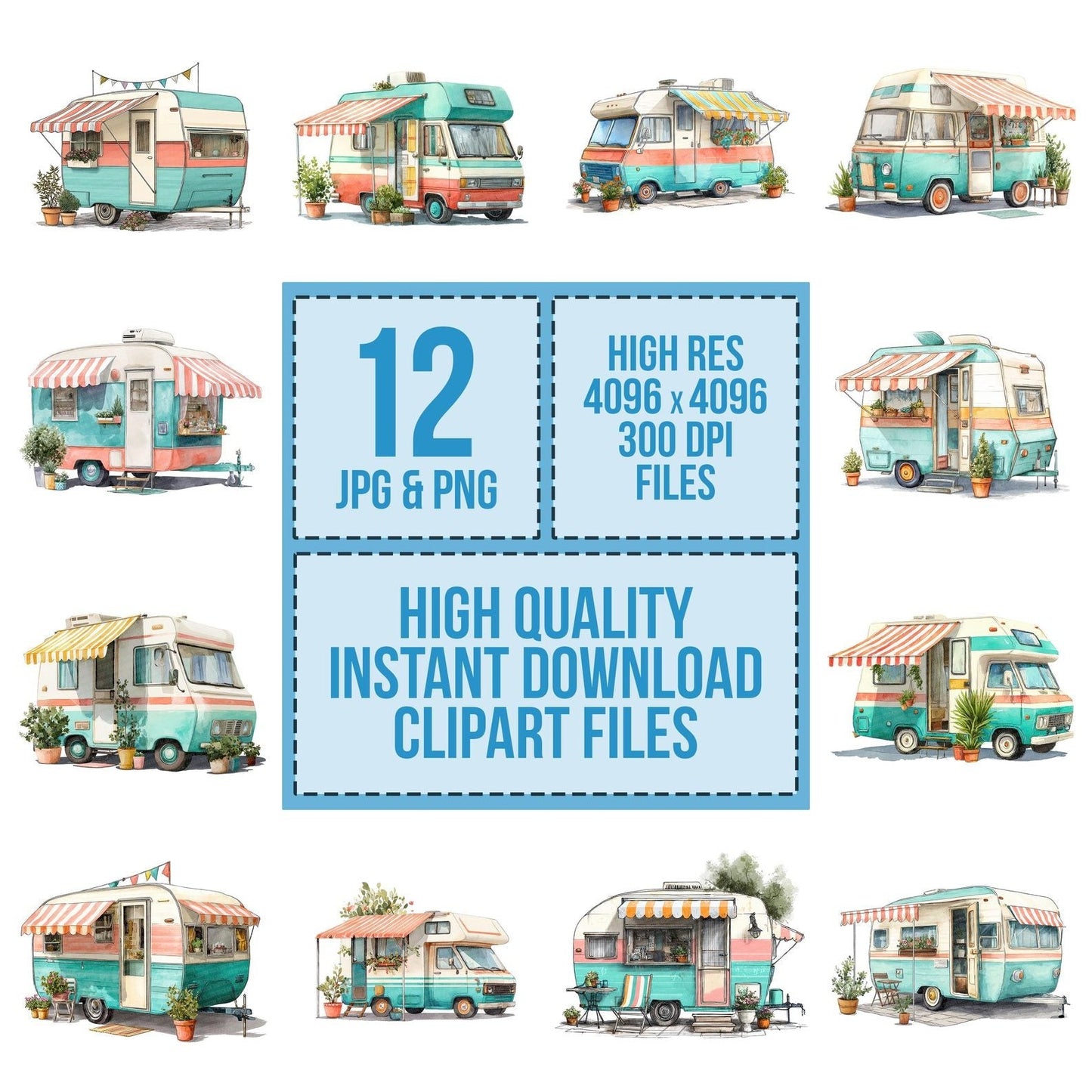Watercolour Retro Camper Trailer Clipart Set (DDD007312)