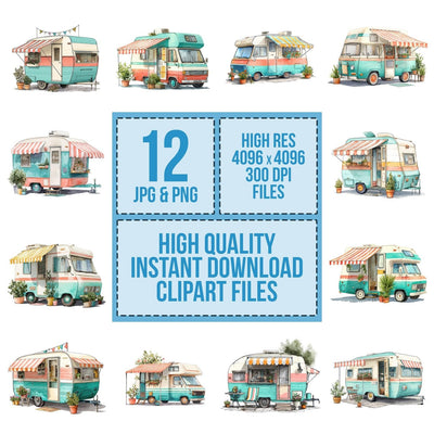 Watercolour Retro Camper Trailer Clipart Set (DDD007312)