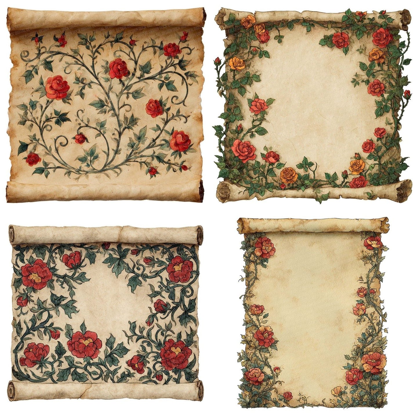 Watercolour Rose Medieval Scroll Clipart Set (DDD007318)