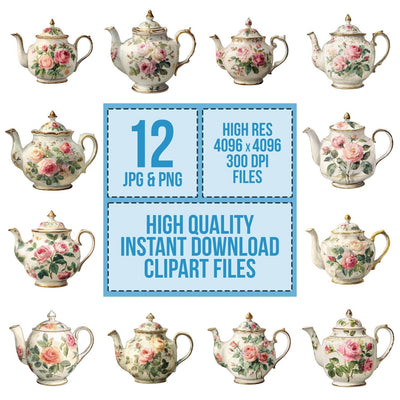 Watercolour Rose Teapot clipart set cover showing the designs and file details