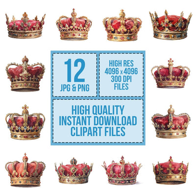 Watercolour Royal Crown clipart set cover showing the designs and file details