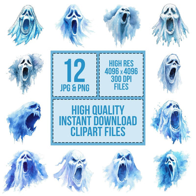 Watercolour Screaming Ghost clipart set cover showing the designs and file details