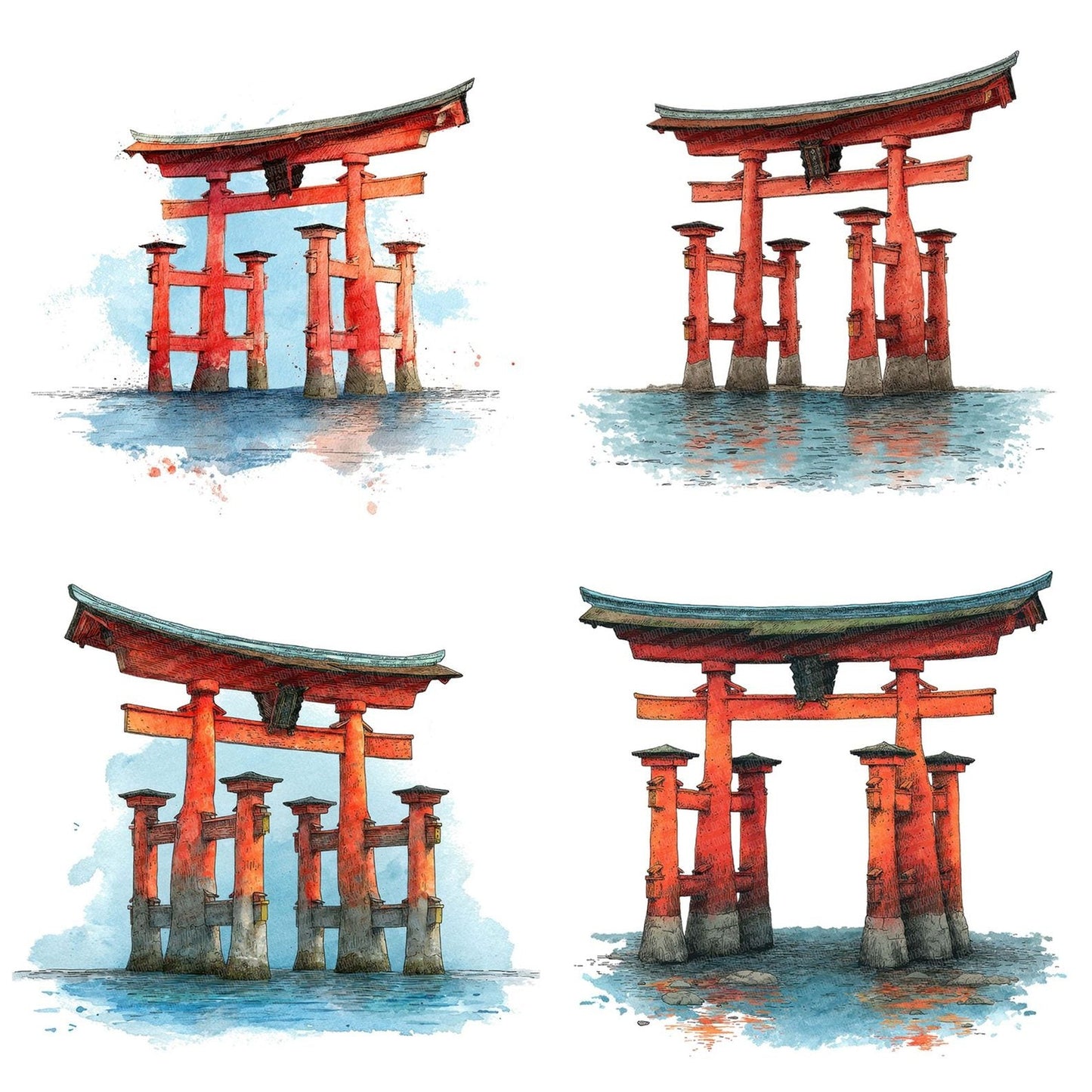 Watercolour Shinto Torii Clipart Set (DDD007333)