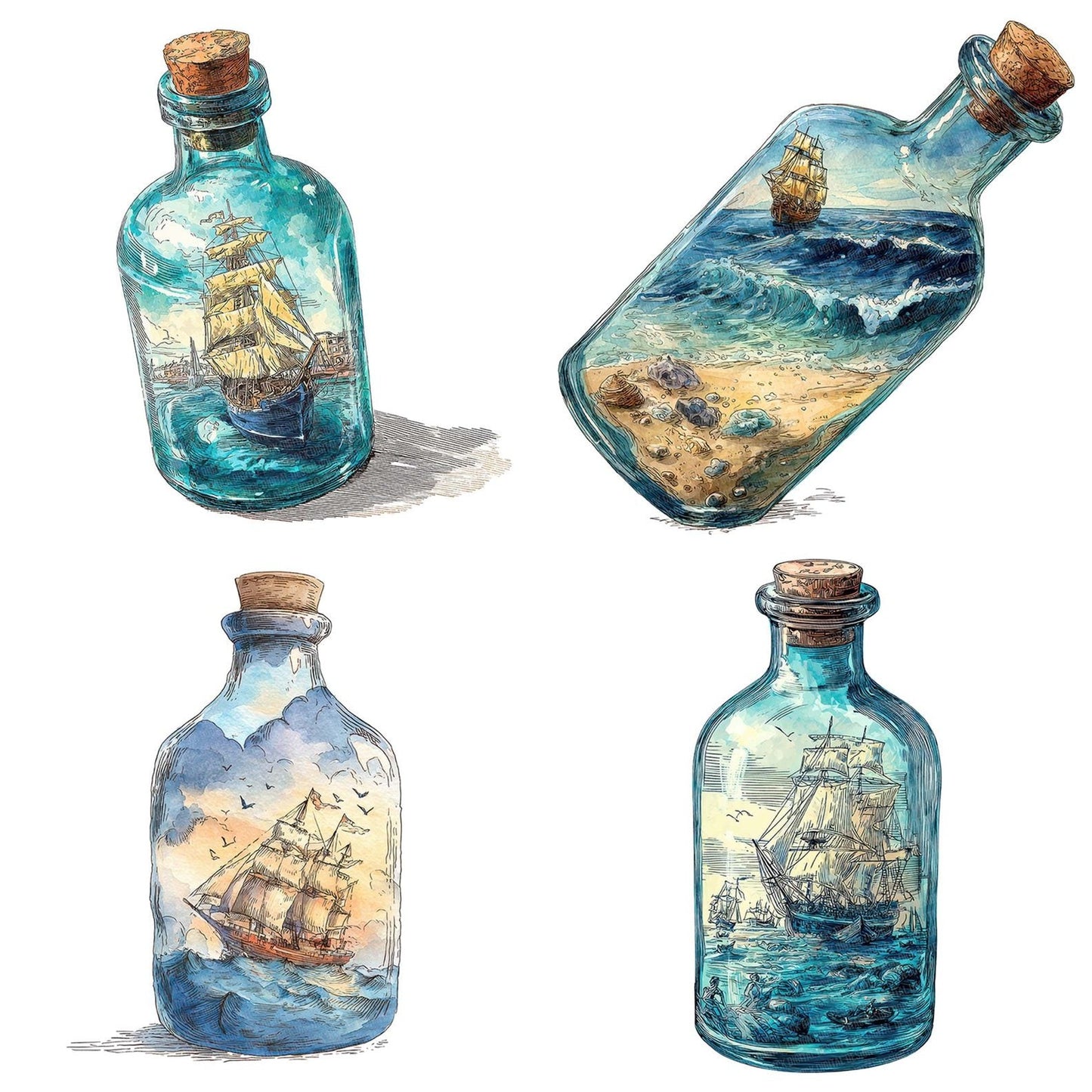 Watercolour Ship in a Bottle Clipart Set (DDD007334)