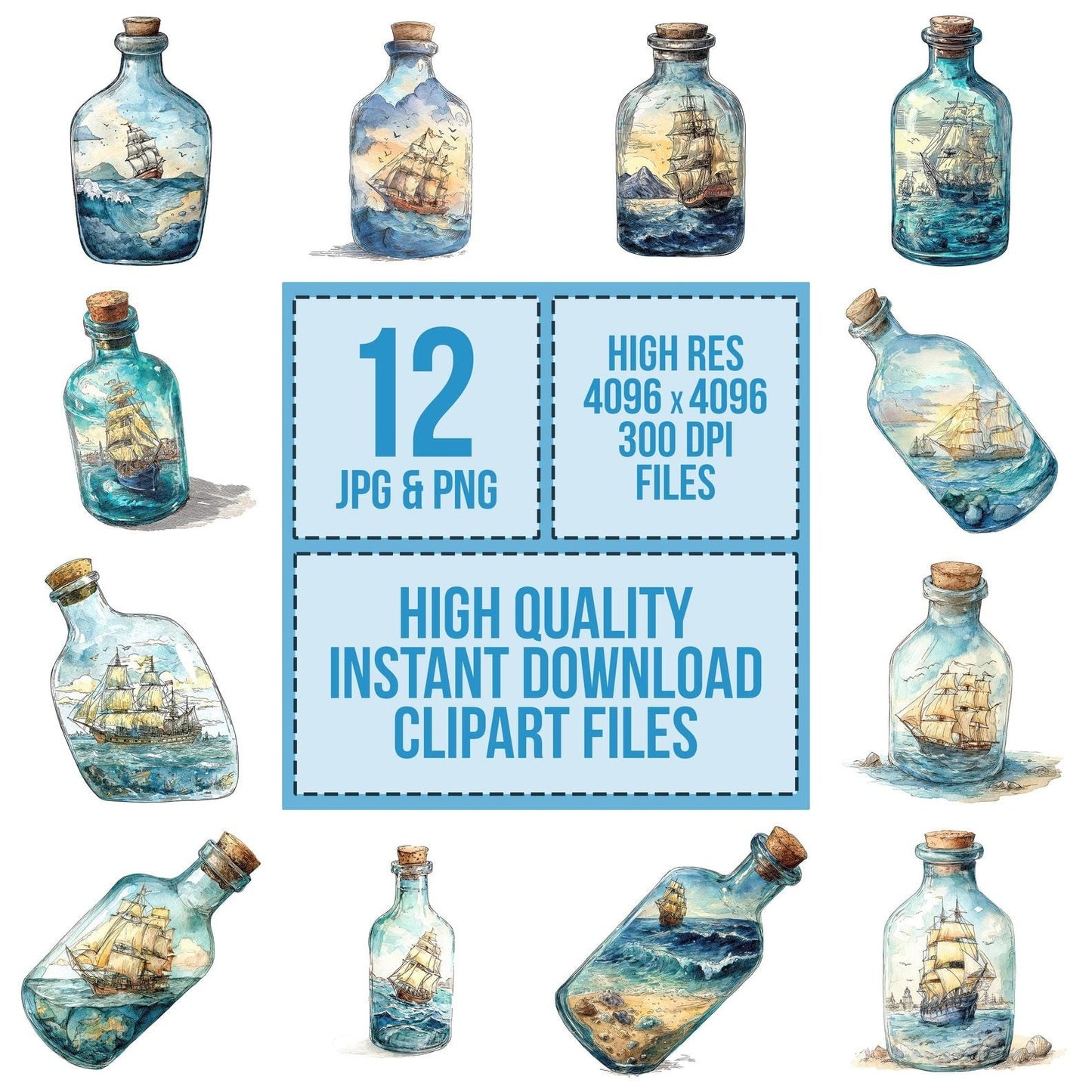 Watercolour Ship in a Bottle Clipart Set (DDD007334)