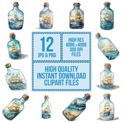 Watercolour Ship in a Bottle clipart set cover showing the designs and file details