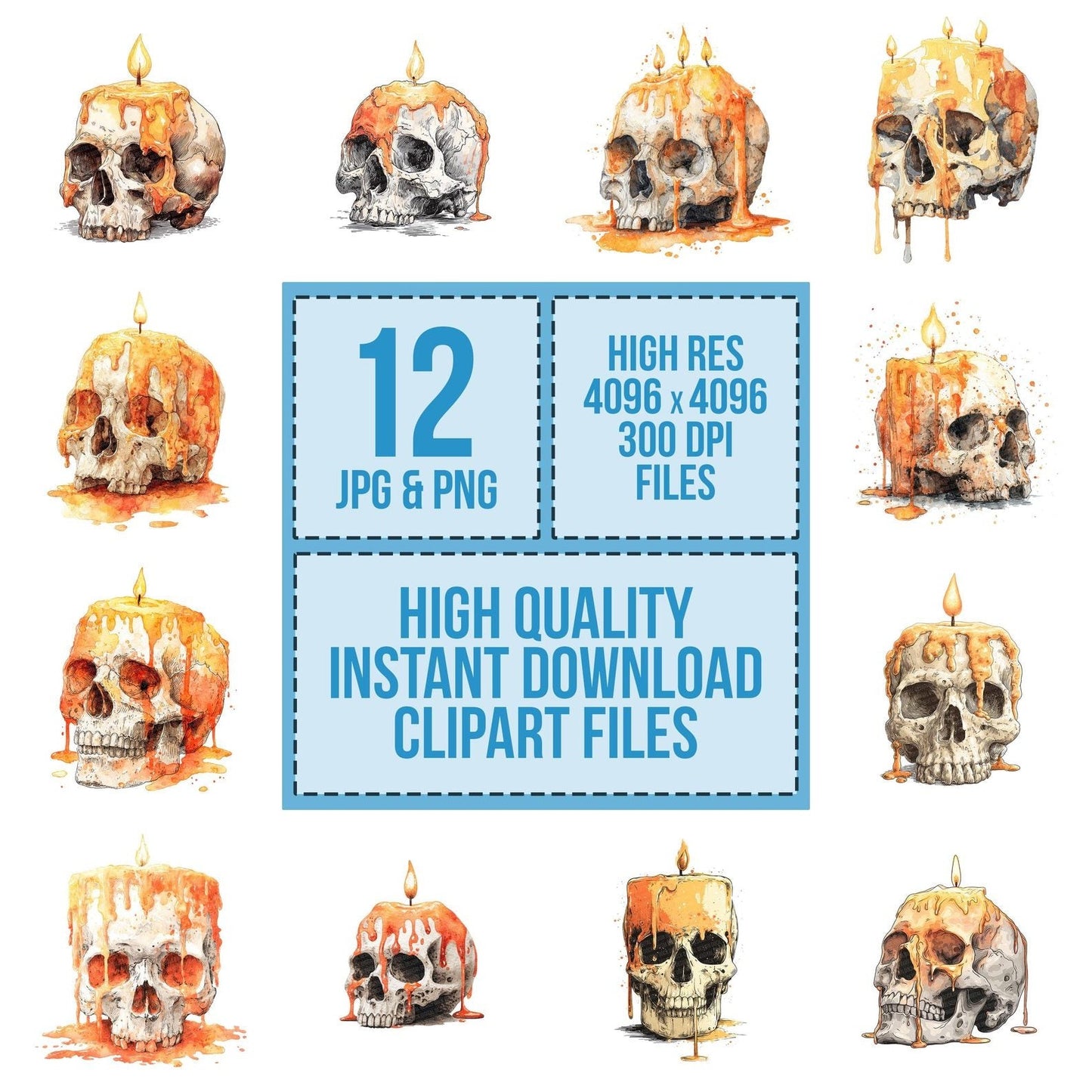 Watercolour Skull Candle Clipart Set (DDD007341)