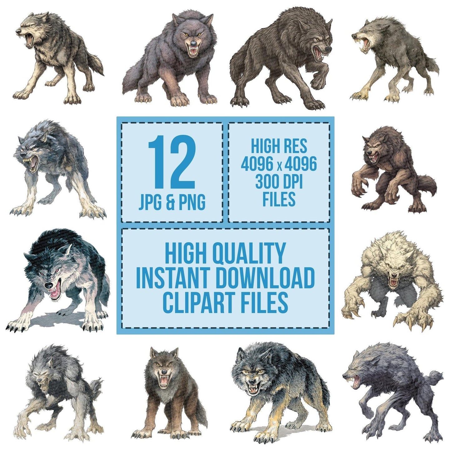 Watercolour Snarling Werewolf Clipart Set (DDD007343)