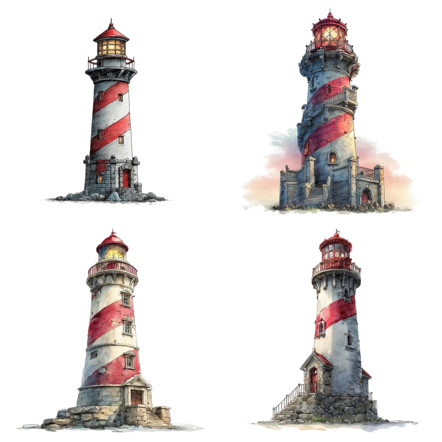 Watercolour Spiral Lighthouse Clipart Set (DDD007357)