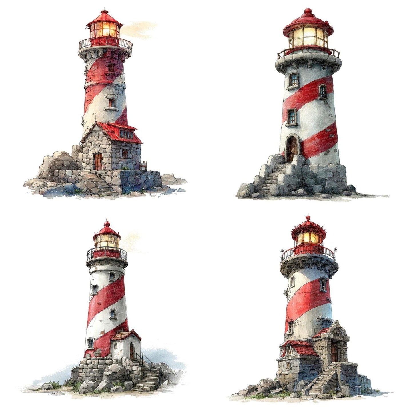 Watercolour Spiral Lighthouse Clipart Set (DDD007357)