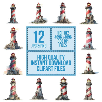 Watercolour Spiral Lighthouse clipart set cover showing the designs and file details