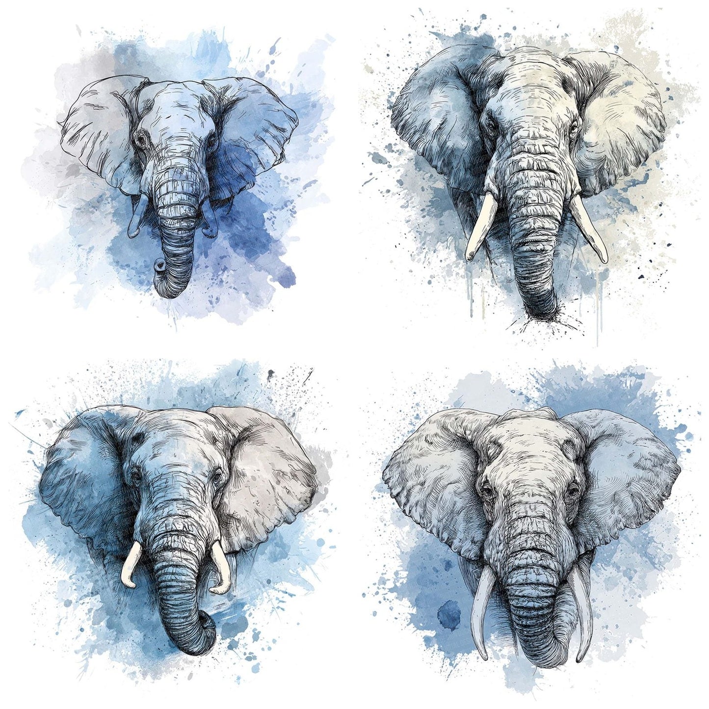 Watercolour Splash Elephant Head Clipart Set (DDD007359)
