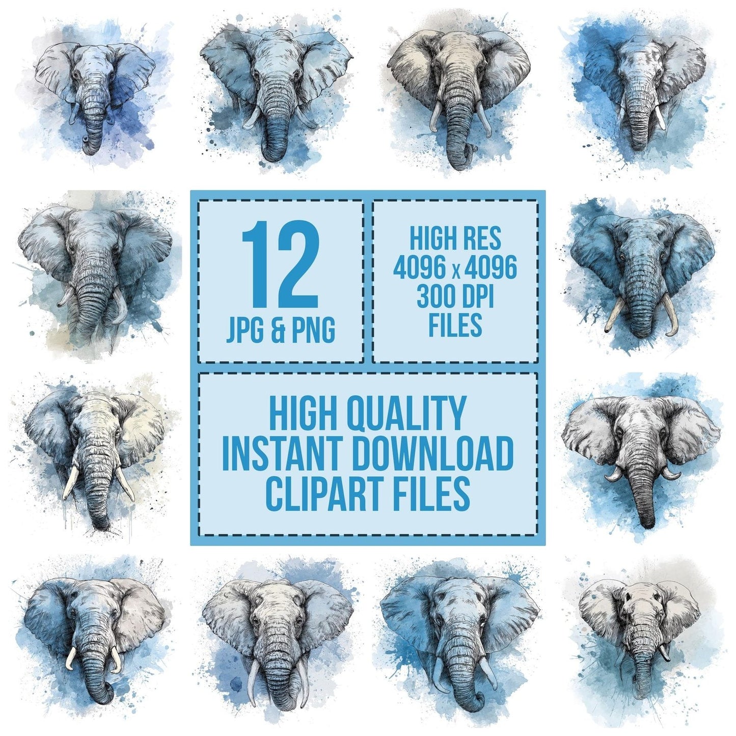 Watercolour Splash Elephant Head Clipart Set (DDD007359)