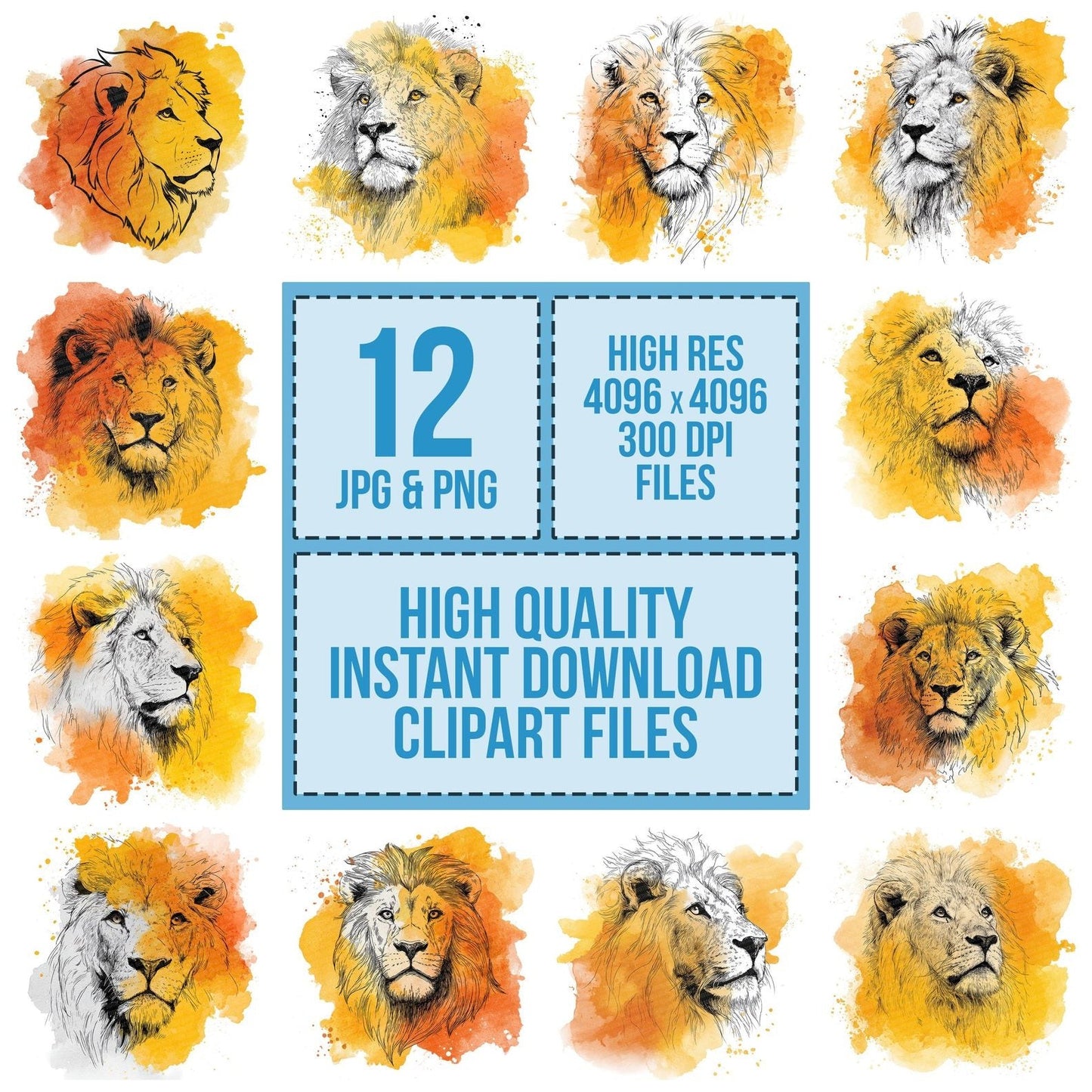 Watercolour Splash Lion Head Clipart Set (DDD007360)